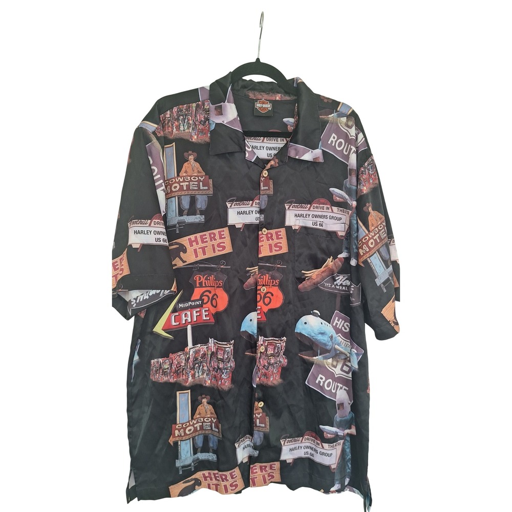Vintage Harley Davidson Button Up Short Sleeve Route 66 + All Over Print Size XL